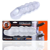 The image showcases a packaged product labeled "Oxballs Invader 'Clear Ice' Cocksheath Penis Extender." Inside, a silicone, ribbed, transparent sleeve toy designed for enhancement awaits. Marketed as "Shockingly Superior" and a "Girthy Cocksheath," this open-ended cocksheath serves as an impressive penis extender. Proudly made in the USA by Oxballs.
